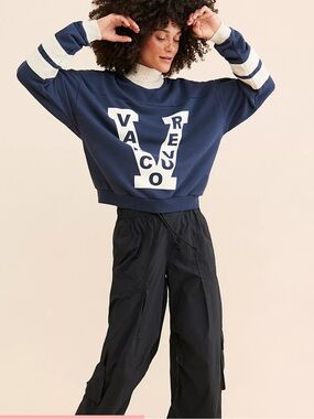 Free People Falling Forward Vancouver Hockey Crewneck Small Blue Varsity